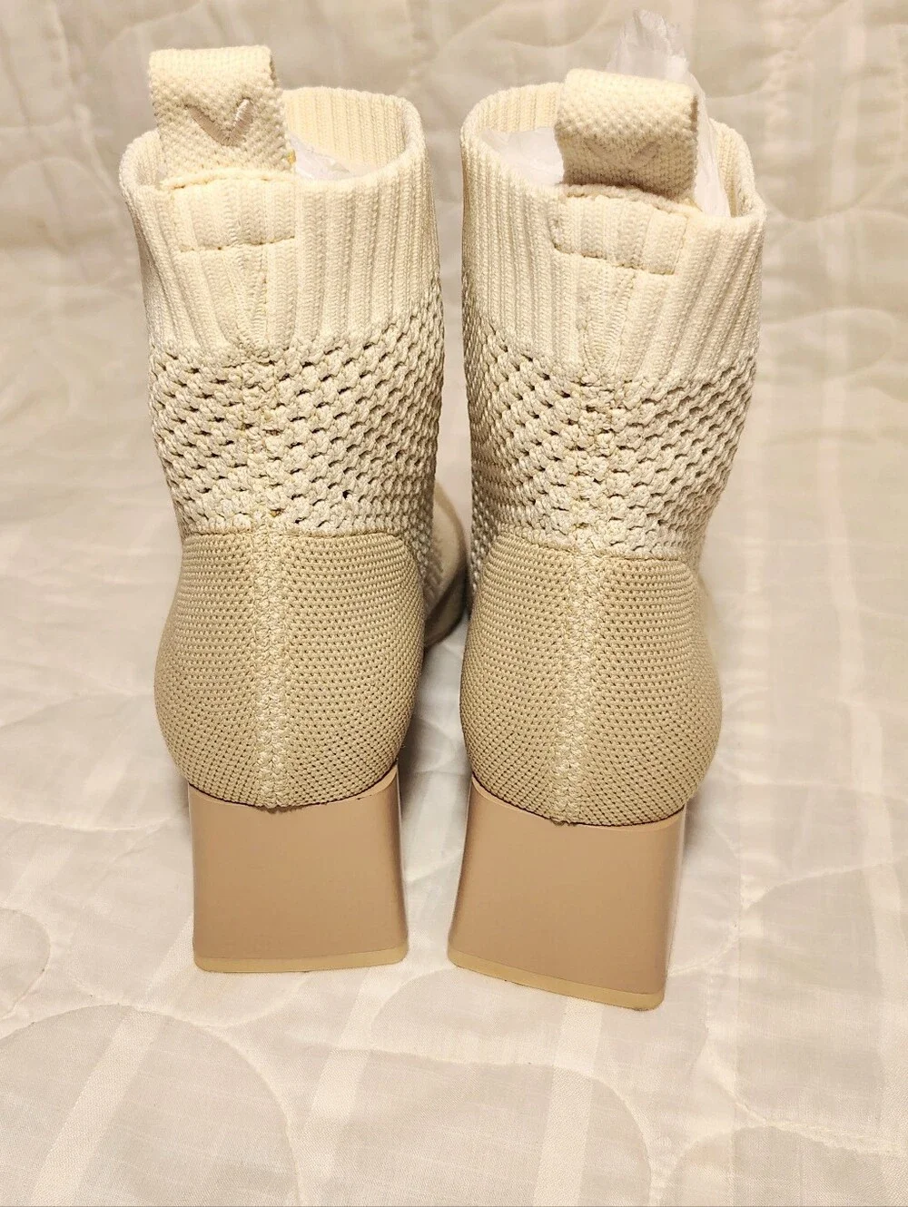 VIVAIA Melissa Square Toe Perforated Knit Sock Ankle Boots Cream Size 38 / 7.5